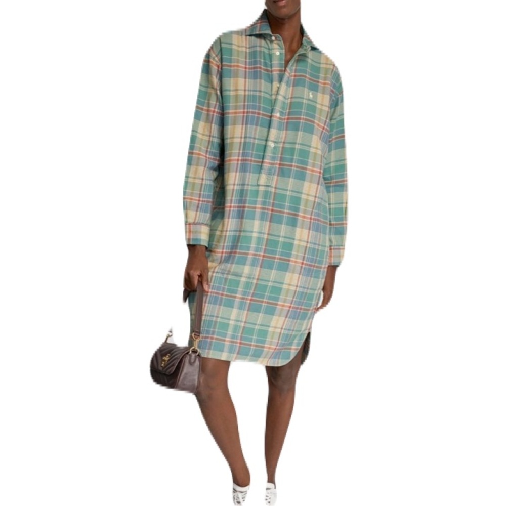 Polo Ralph Lauren Check Print Midi Shirt Dress in Pastel Multi Size 4